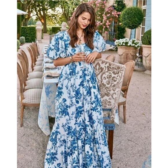 LoveShackFancy DANBURY Blue Floral Maxi Gown Dress Bridal Resort Vacation Sz 2 - Picture 7 of 16